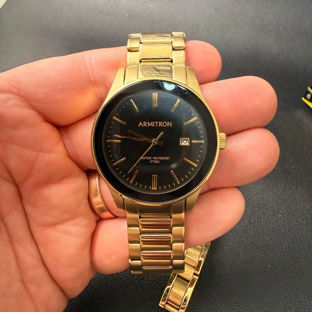 MSRP $105 Armitron 20/5374GP Men's Gold Tone Watch w/ Bracelet Set New Battery